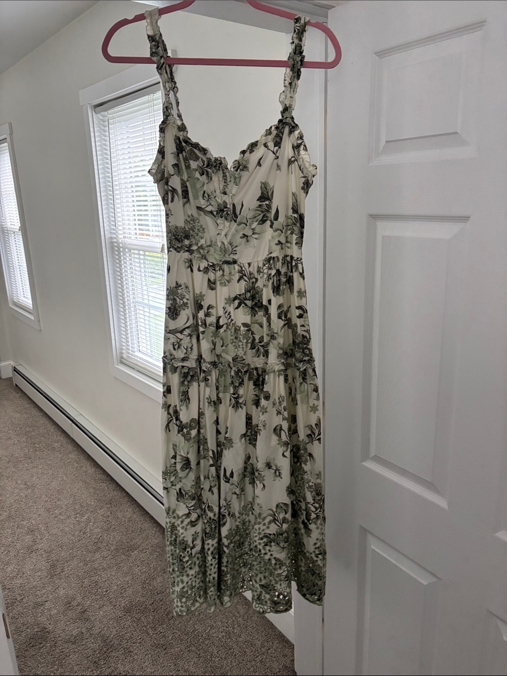 Anthropologie Cream Maxi Dress with Olive Floral Print
